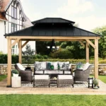 Wood 11 Ft. X 13 Ft. Gazebo With Steel Hardtop Lm Patio Manufactory